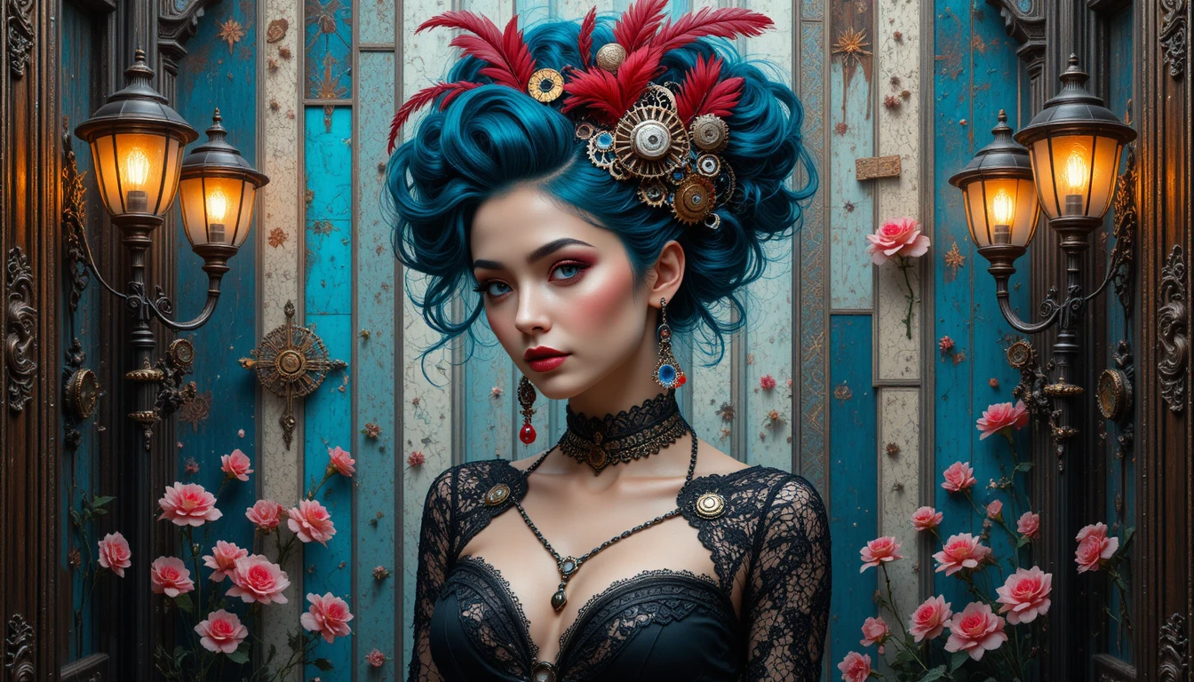 Steampunk woman with teal hair and ornate mechanical details