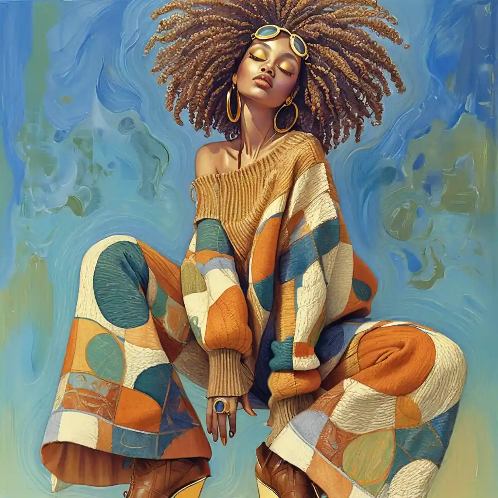 Young woman with natural afro hair in patchwork outfit