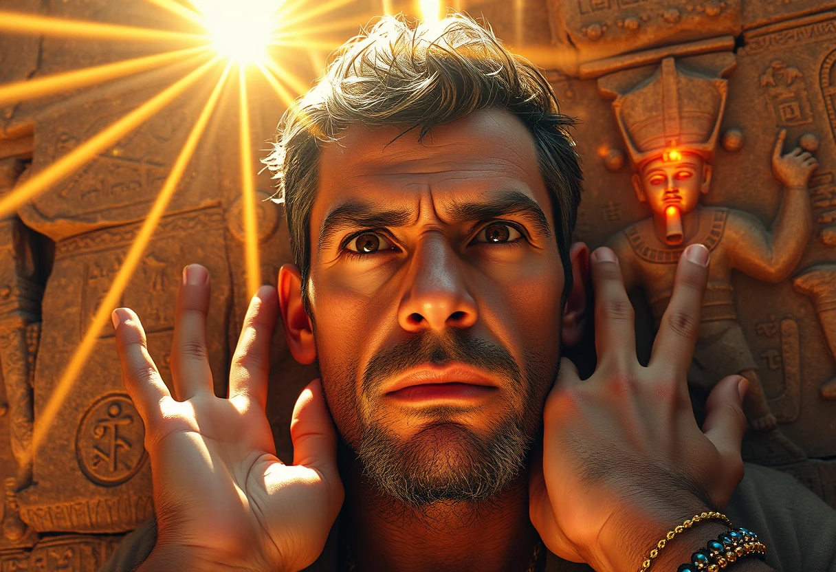 Alchemist touching ancient wall as golden symbols awaken