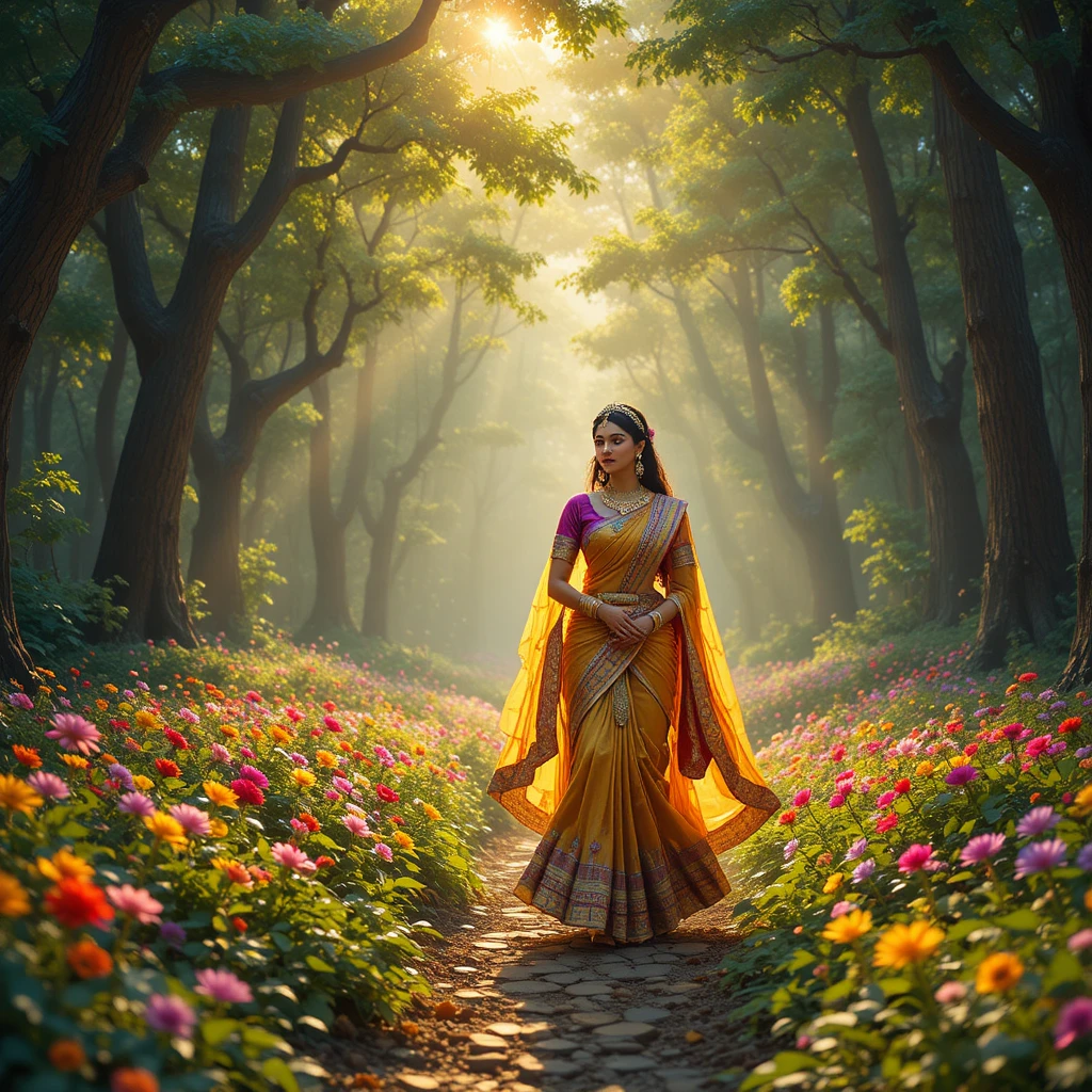 Radha walking with her companions in a peaceful forest