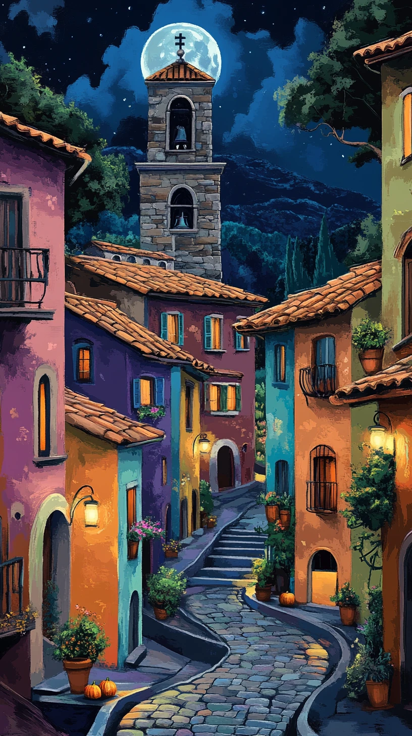 Strada colorata di un villaggio europeo di notte con campanile