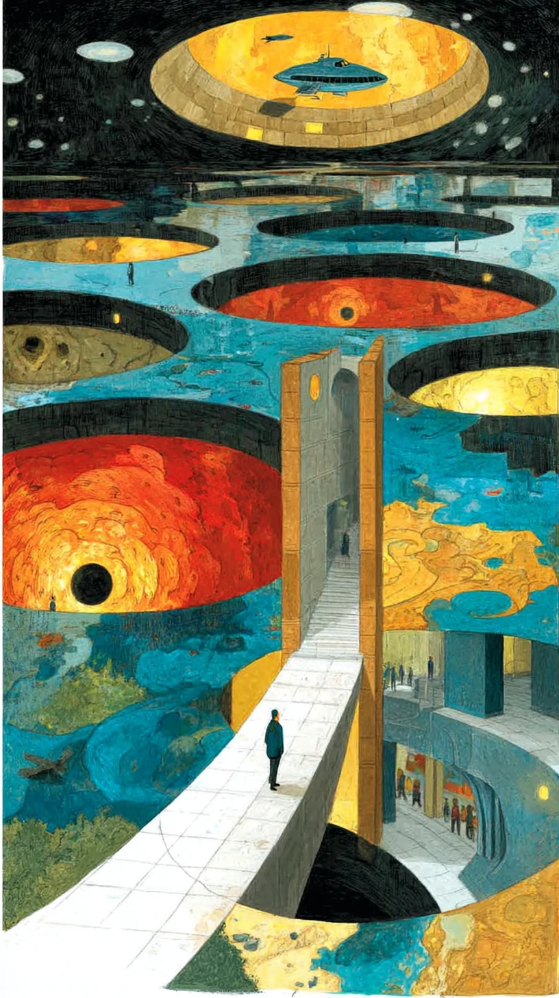 Surreal spaceship crossing dimensions in a distorted cosmic landscape