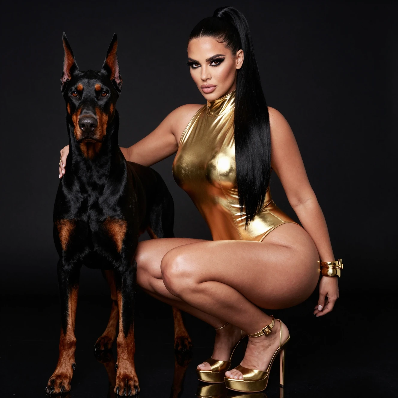 Glamouröse Frau im goldenen Bodysuit mit Dobermann