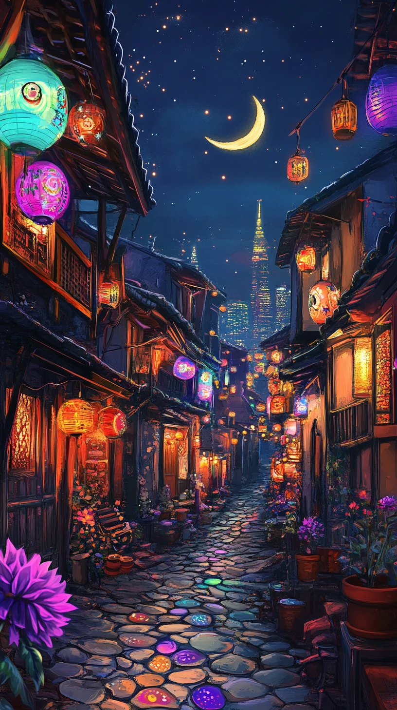 Psychedelic lantern lit East Asian alleyway at night