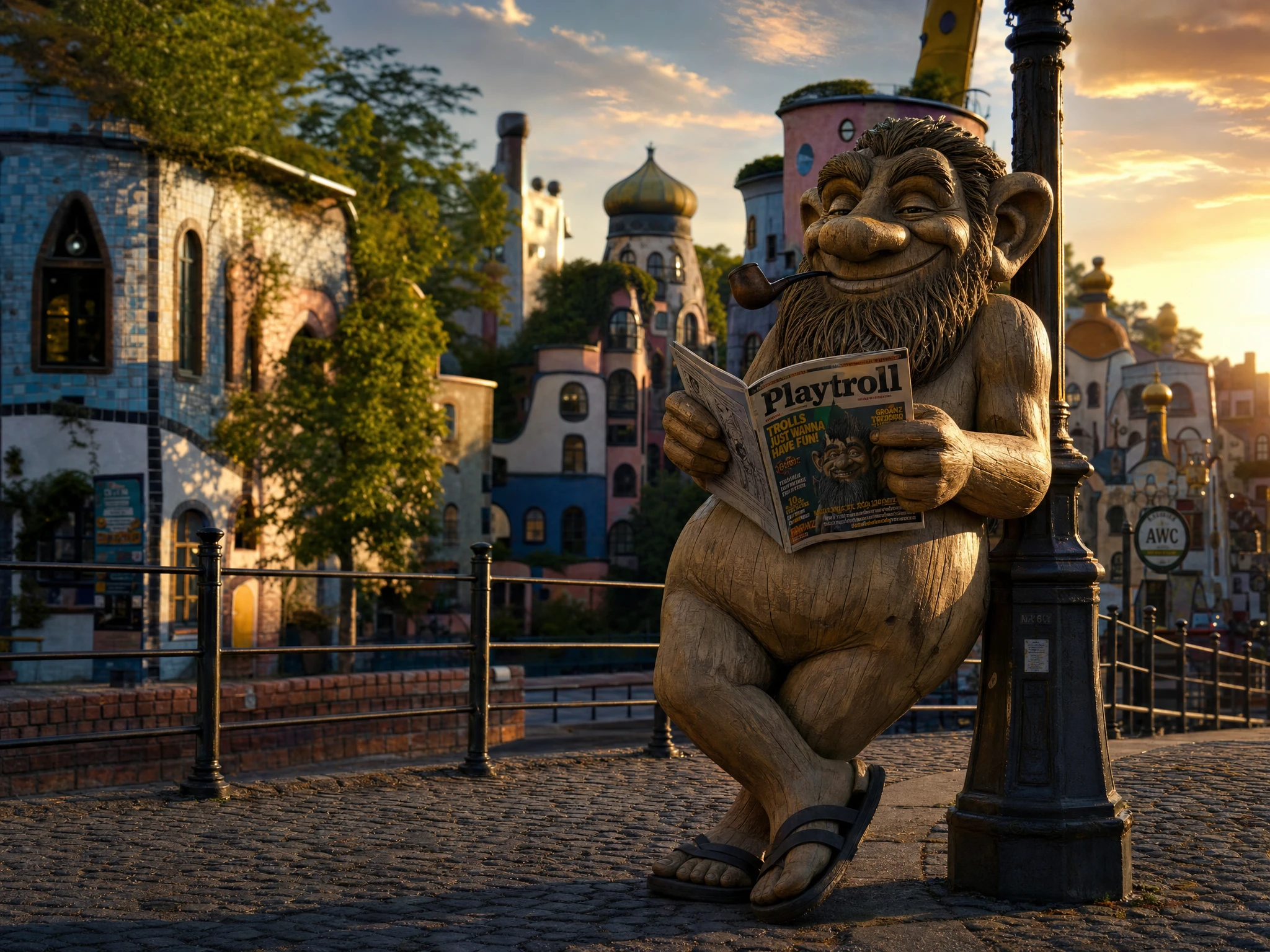 Wooden troll relaxing against a streetlamp at sunset