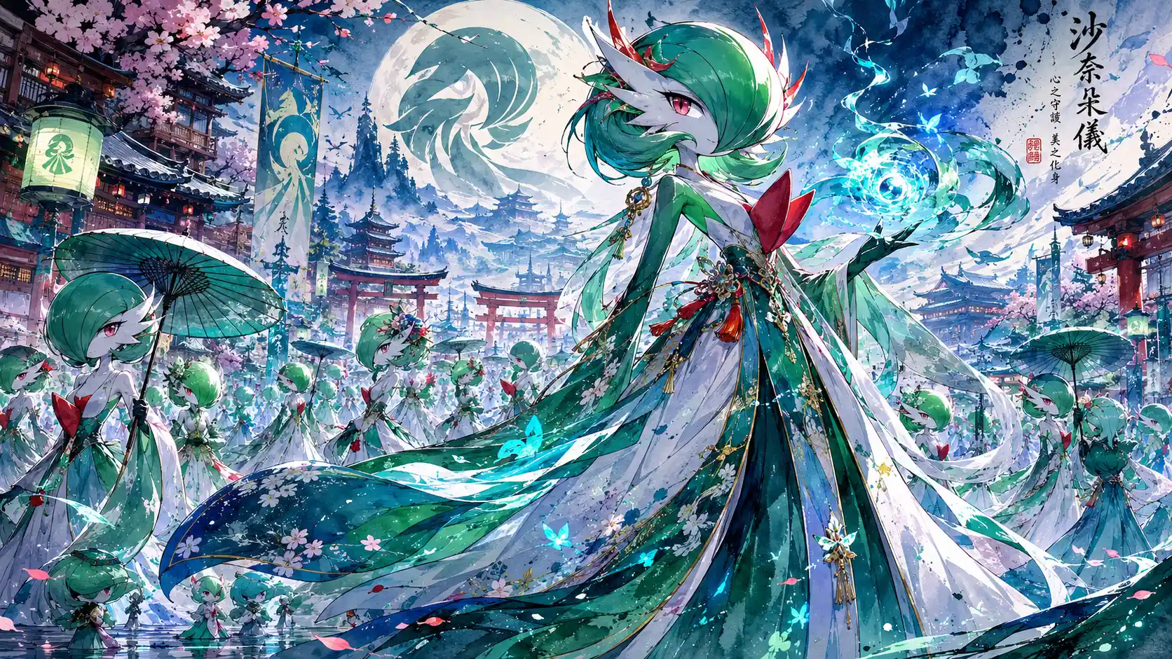Regal humanoid spirits parading along an ancient street