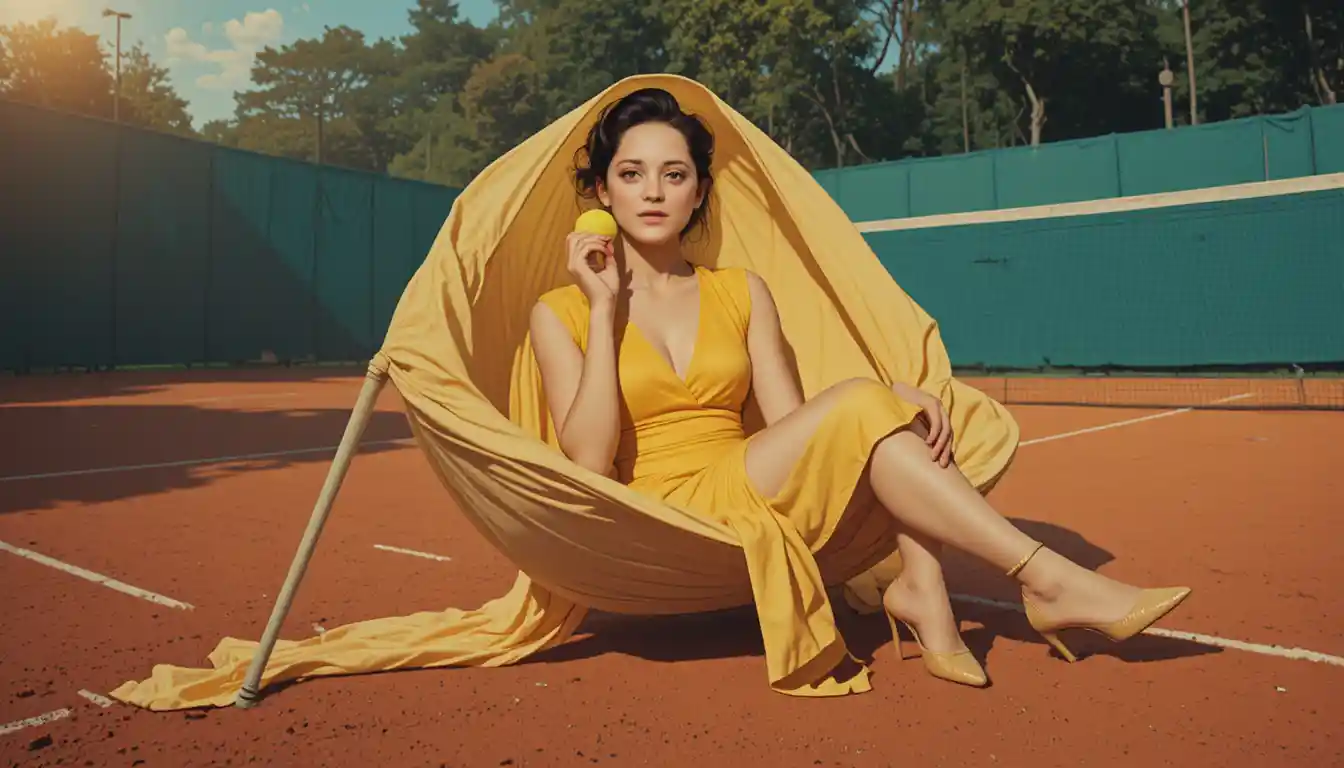Stylish young woman in a hammock on a tennis court