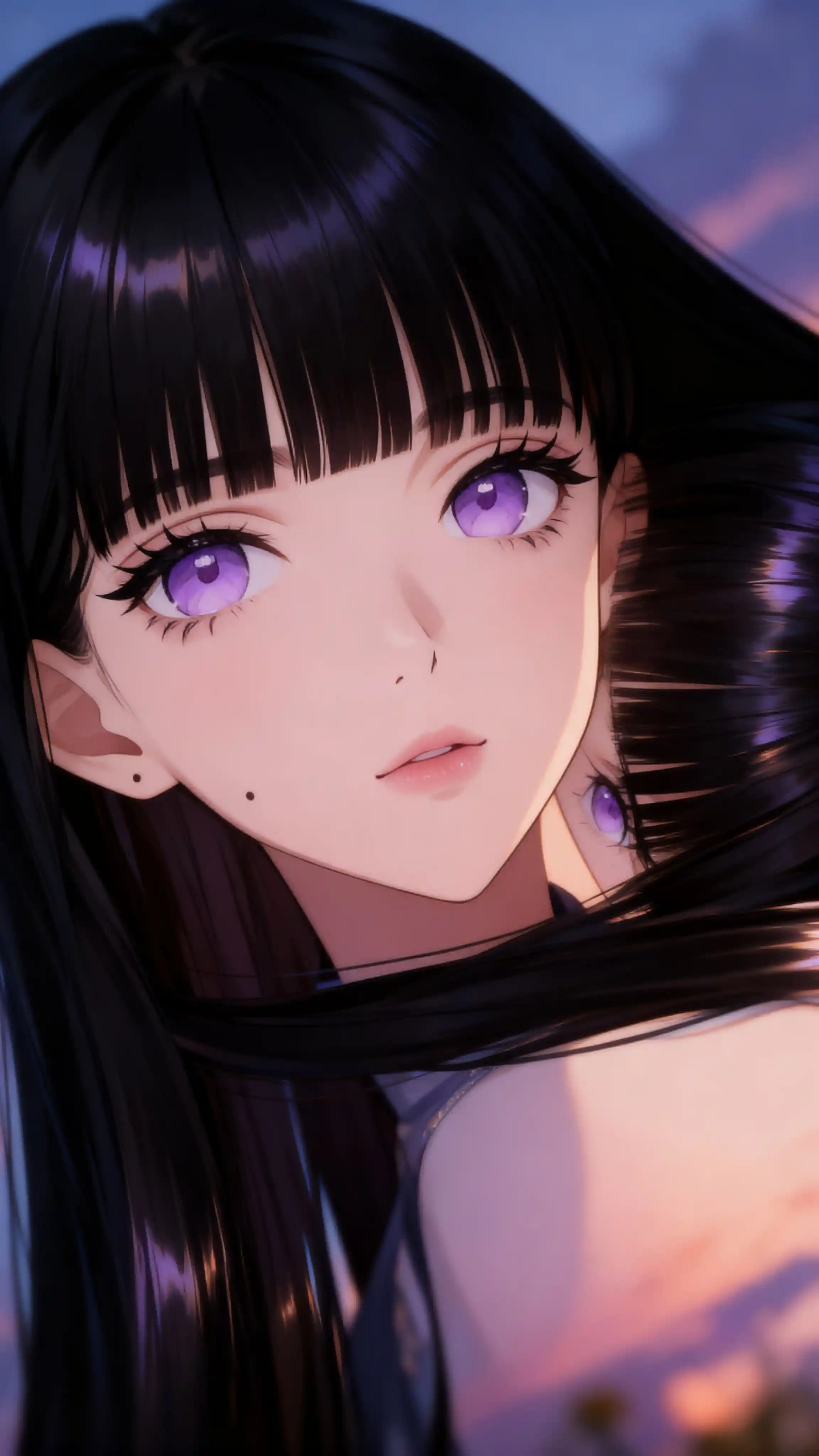 Elegant girl with long black hair in manhwa style outdoors