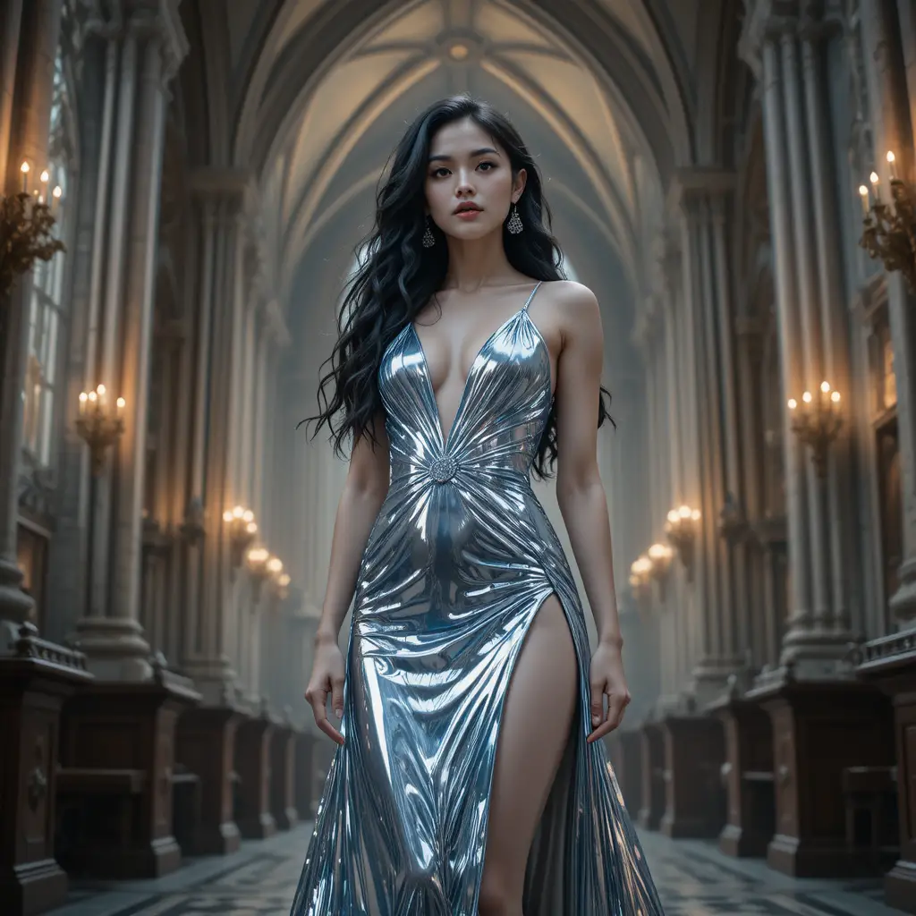 Elegant woman in silver gown in gothic cathedral