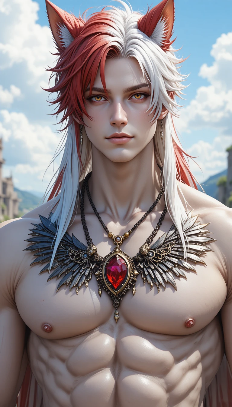 Tall heterochromatic anime man with long two tone hair