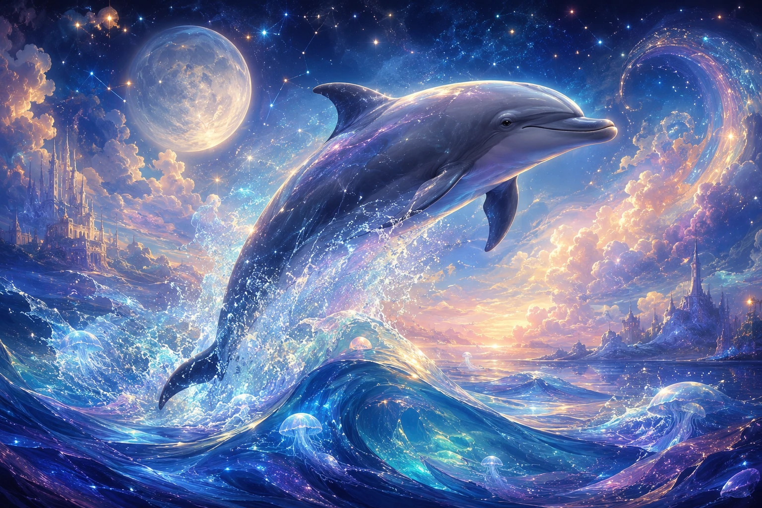 Graceful dolphin leaping through glowing bioluminescent waves