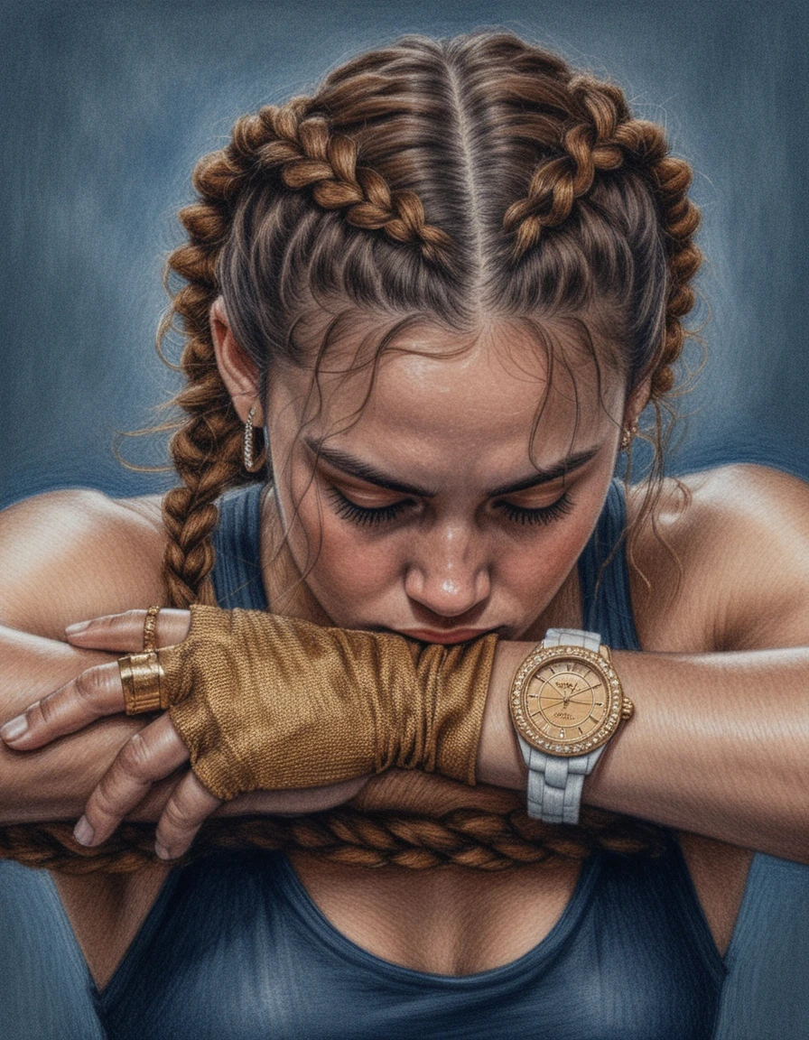Exhausted woman boxer resting on ropes in spotlight
