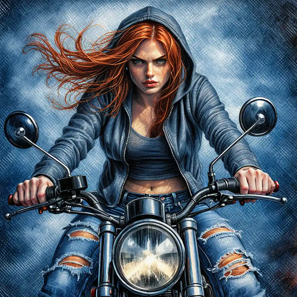 Red haired woman on cafe racer motorcycle in pencil art