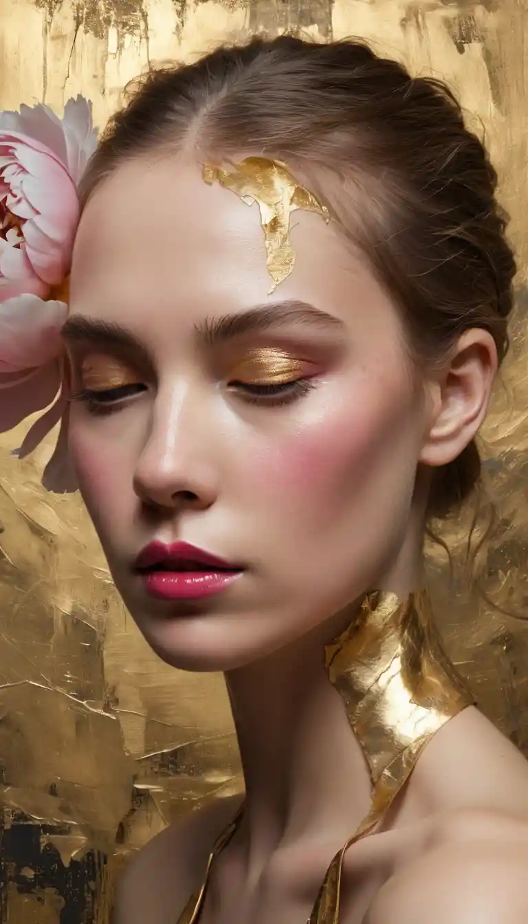 Profile portrait of woman with golden hair and peonies