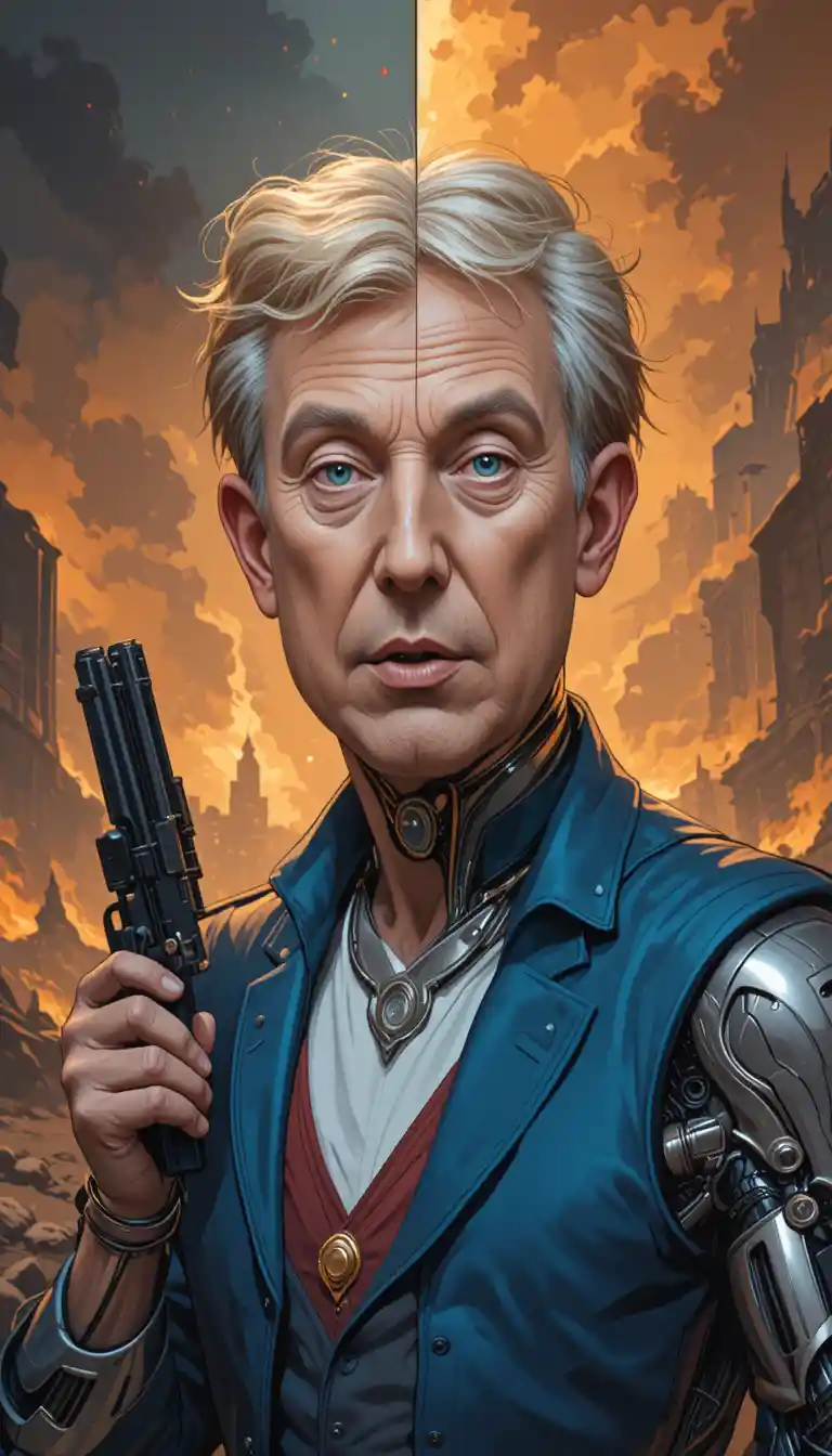 Half human half cyborg leader in apocalyptic flames