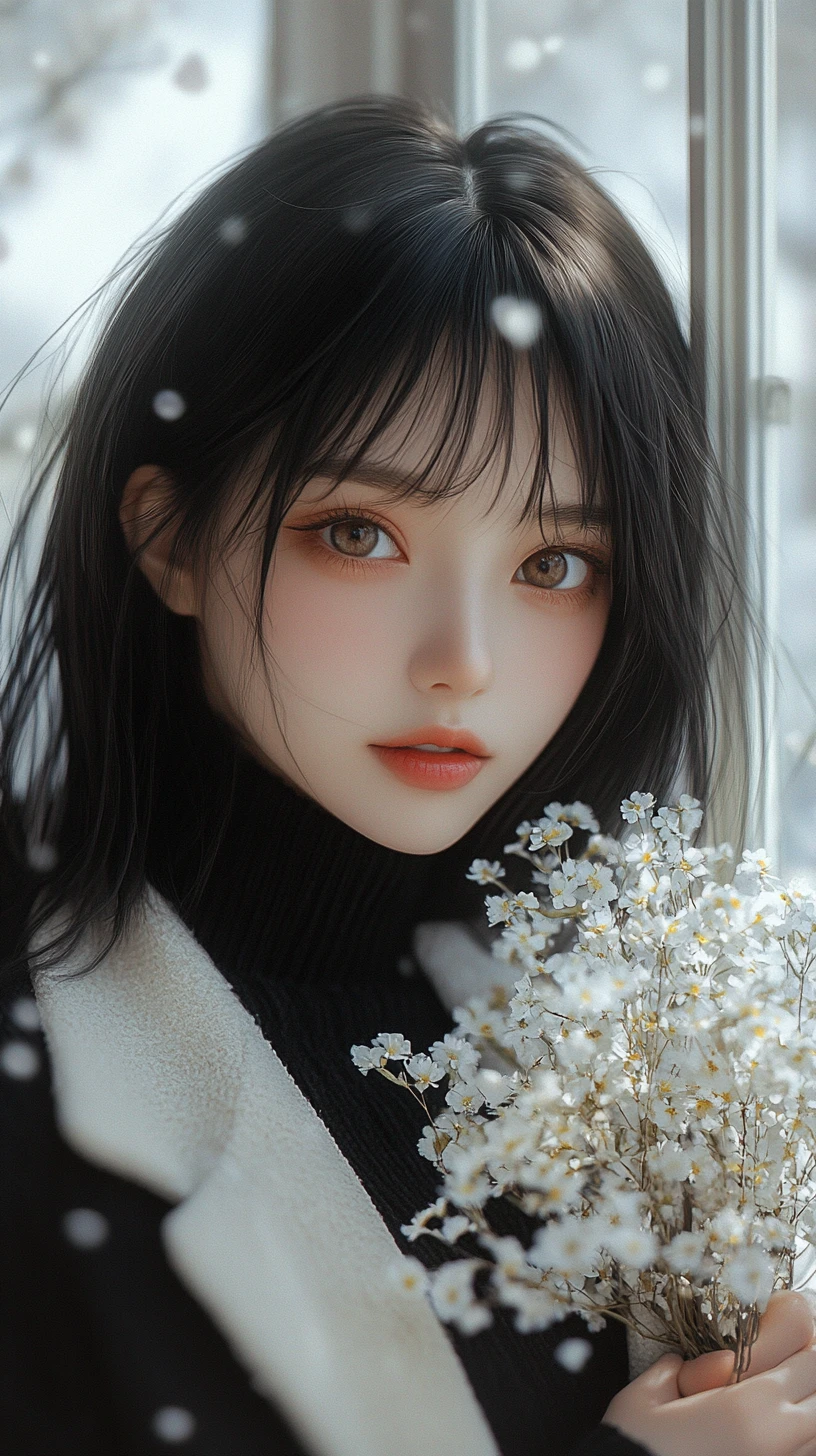 Anime girl holding white flowers by a bright window