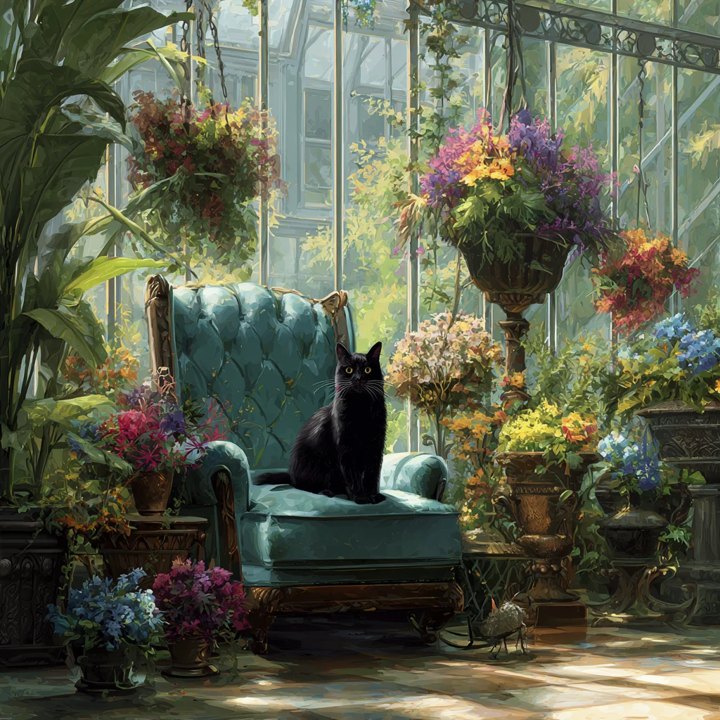 Gato majestuoso en sillón de terciopelo en un invernadero frondoso