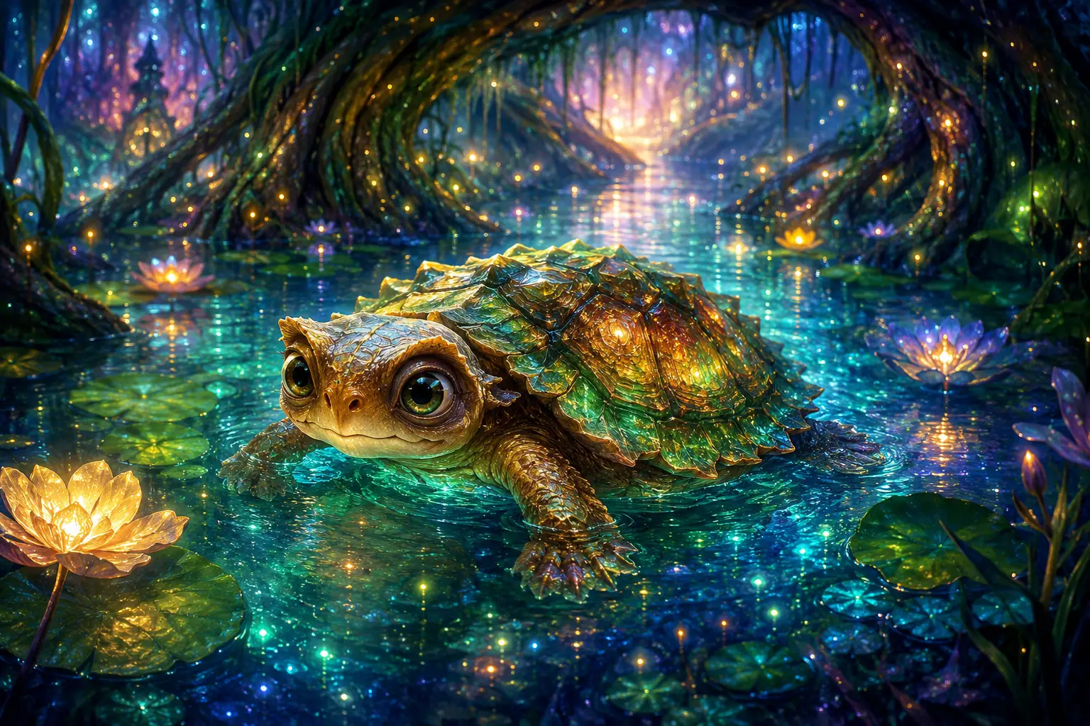 Glowing Baby Turtle Floating In A Magical Swamp Pool