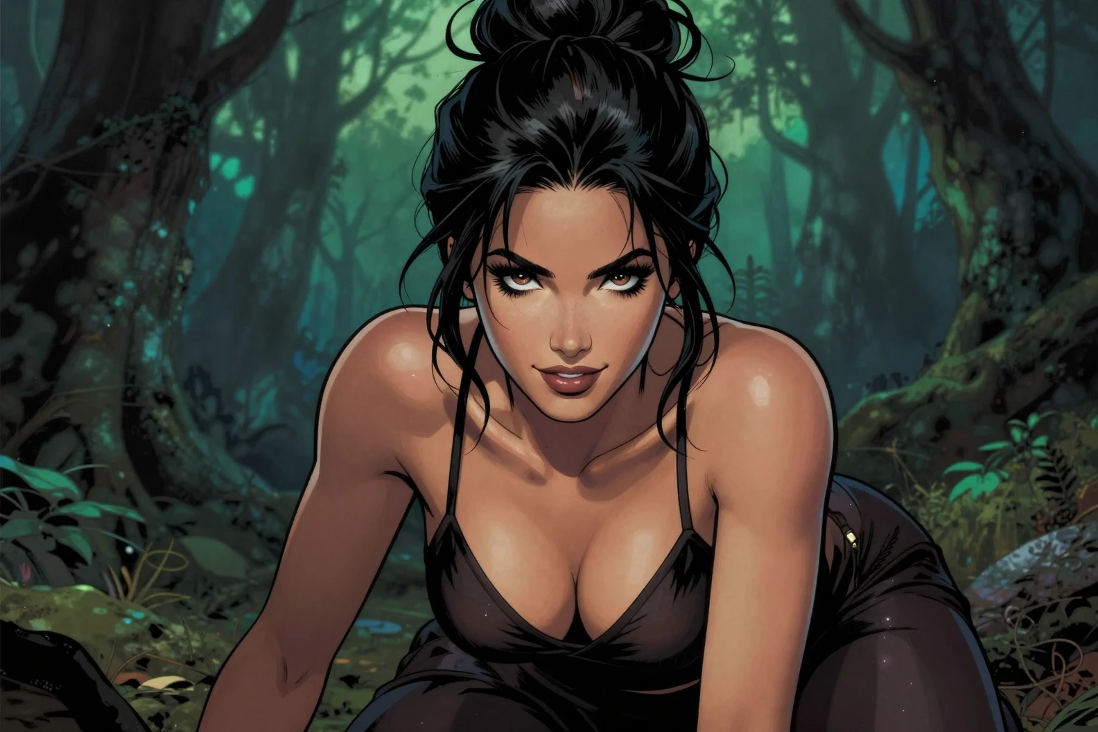 Seductive woman crawling forward in a dark mystic forest