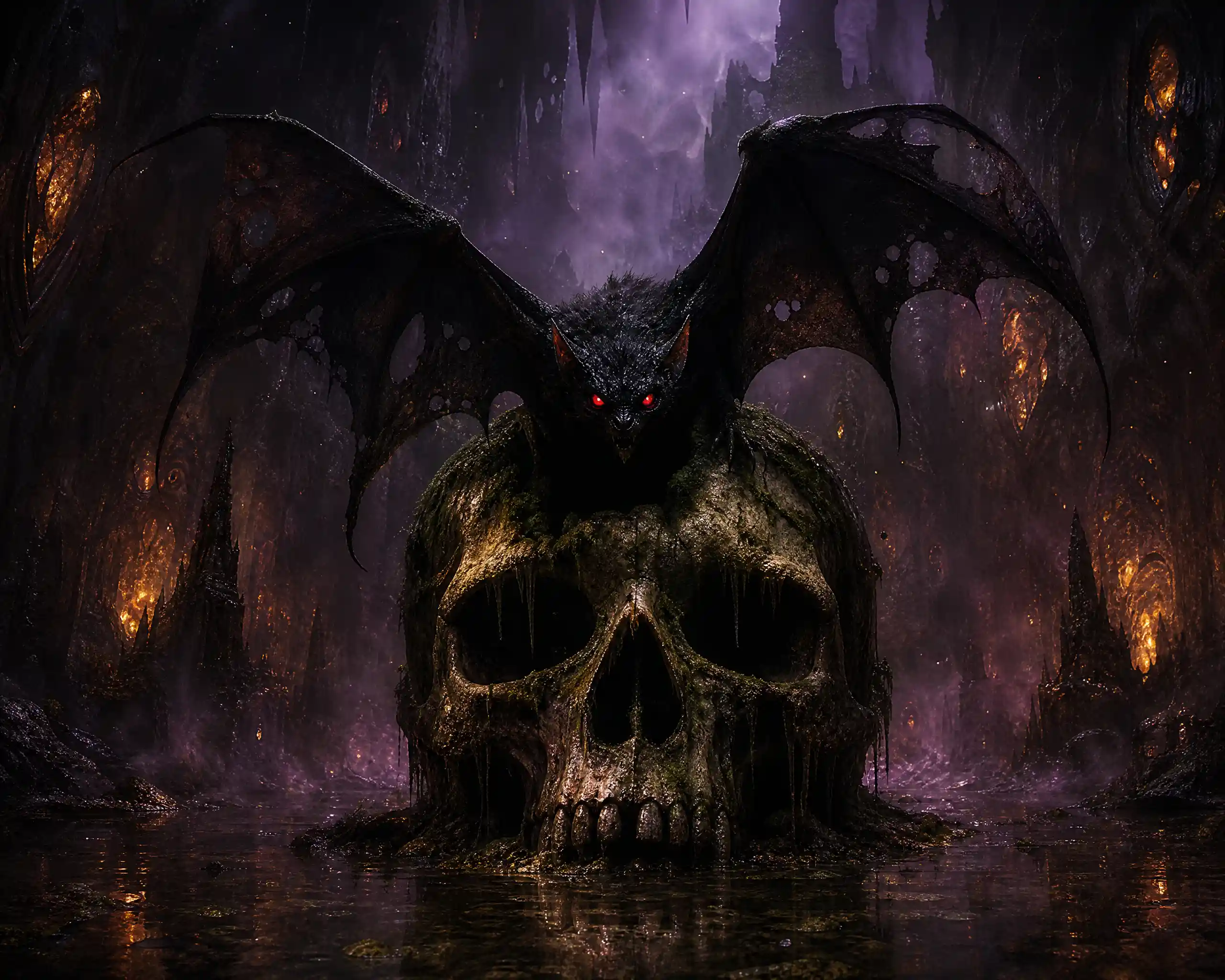 Black bat emerging from mossy skull in fiery hellscape