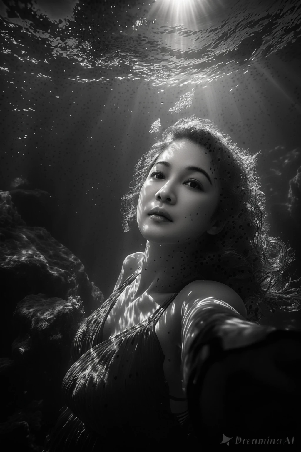 Elegant woman swimming underwater in dramatic sunlit scene