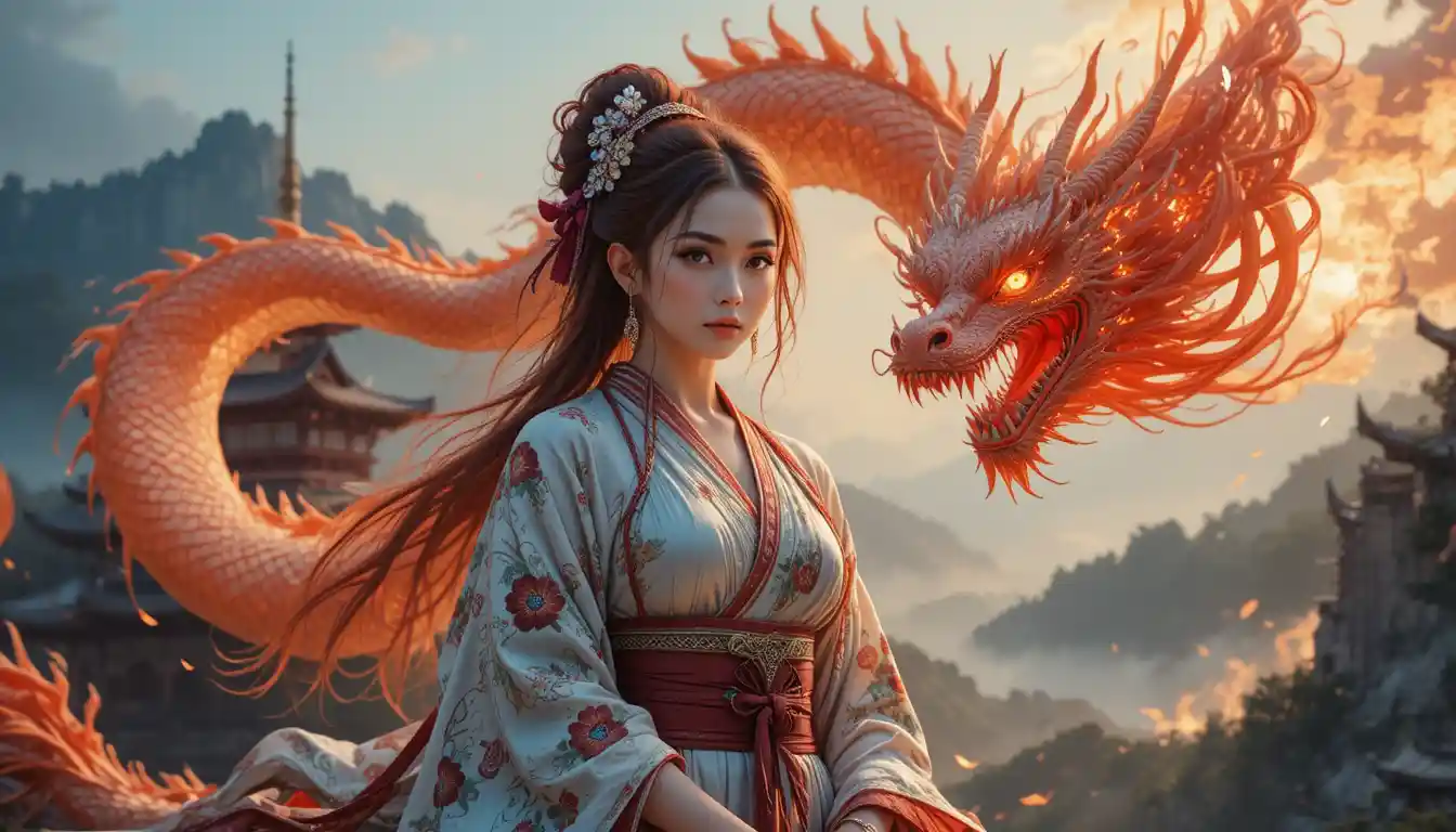 Asian woman in torn kimono with fire dragon at temple