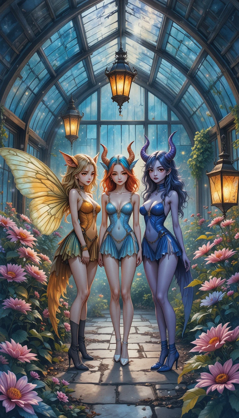 Monster girls in a glowing night greenhouse illustration
