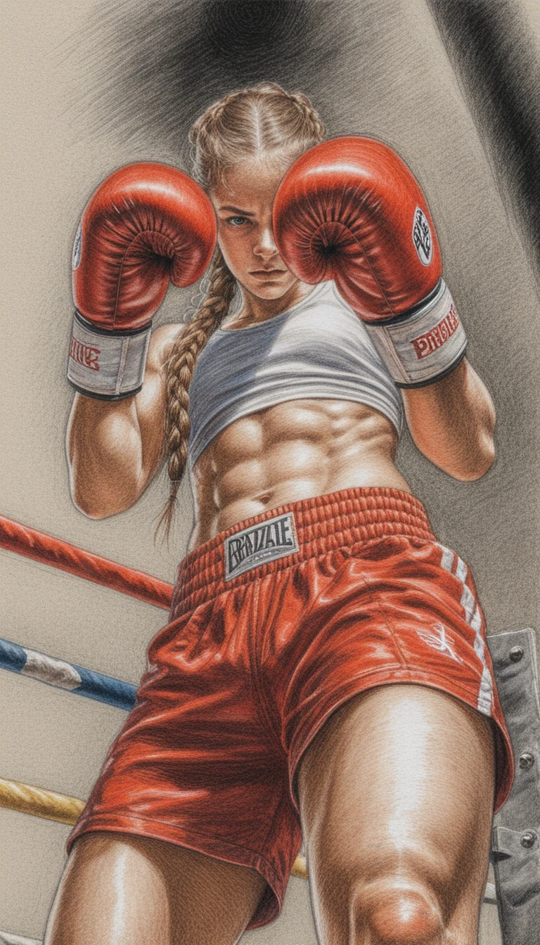 Athletic female boxer in guard on a gritty boxing ring