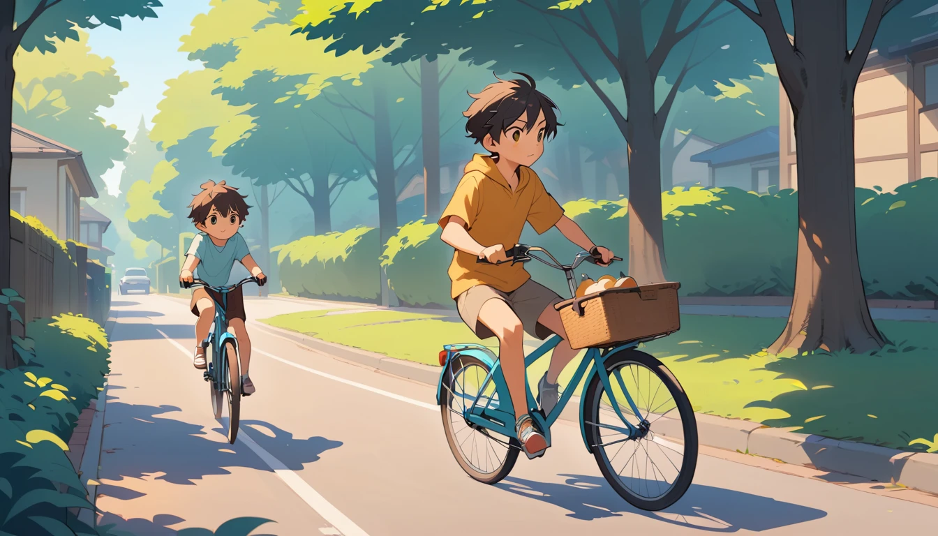 Older brother teaching younger brother to ride a bike