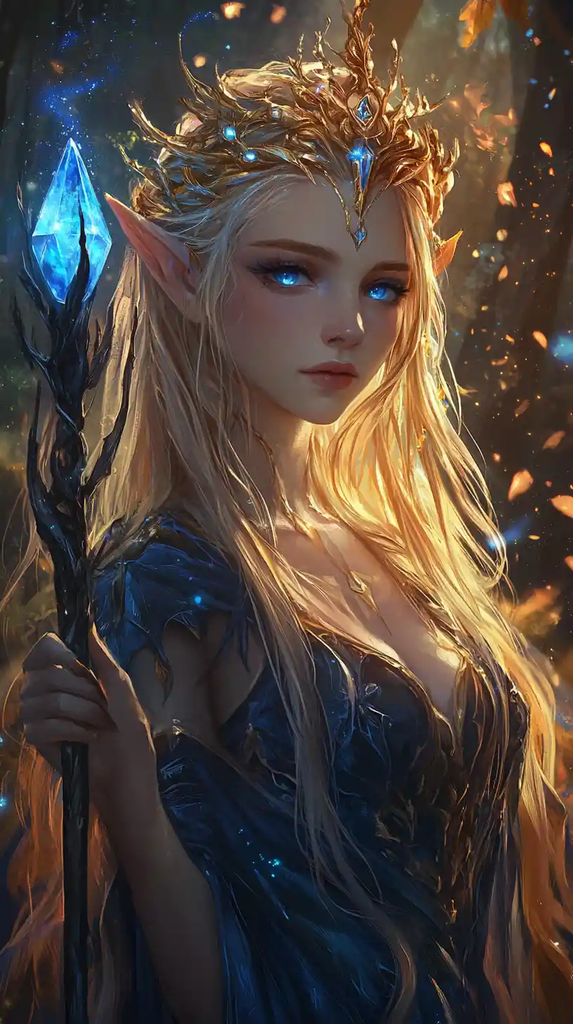 Elf sorceress with glowing staff in enchanted forest
