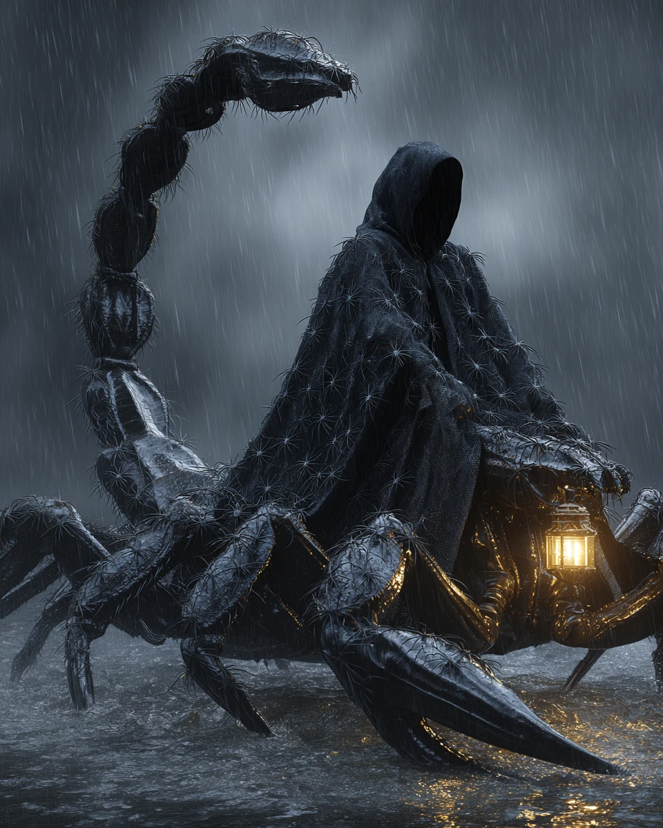 Grim reaper ferryman riding a giant scorpion boat