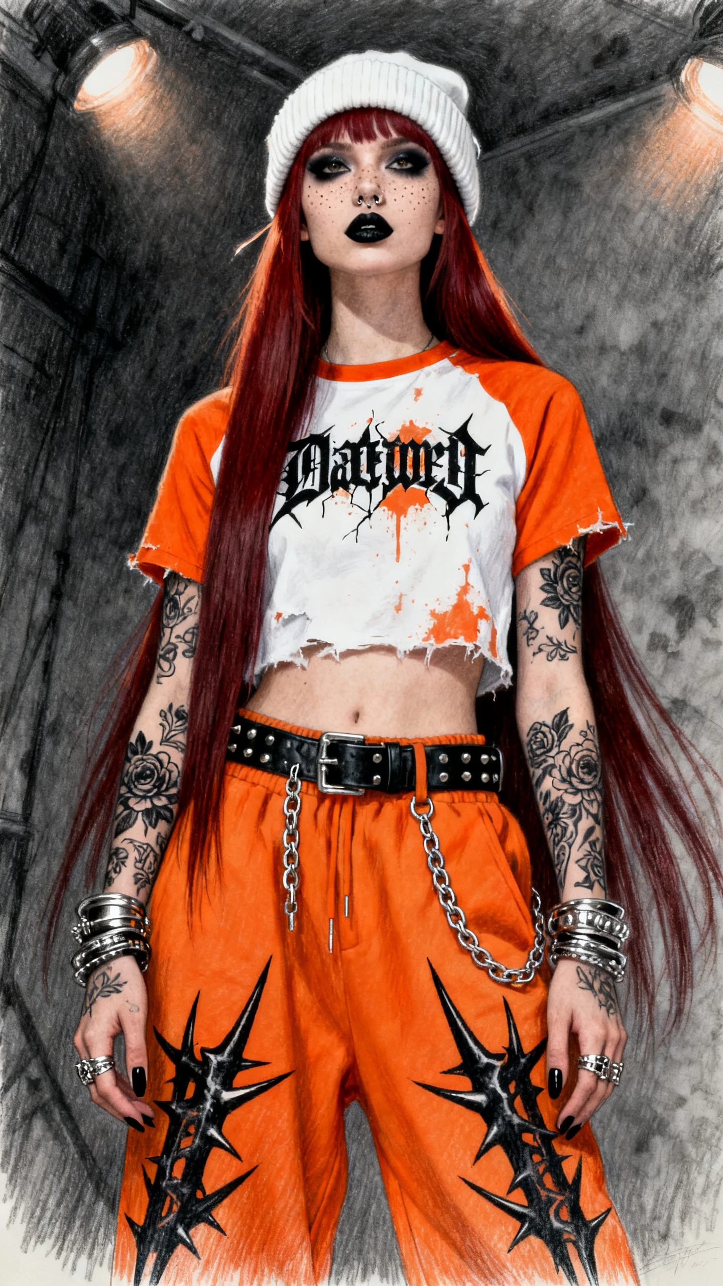 Gothic woman in orange streetwear with long red hair