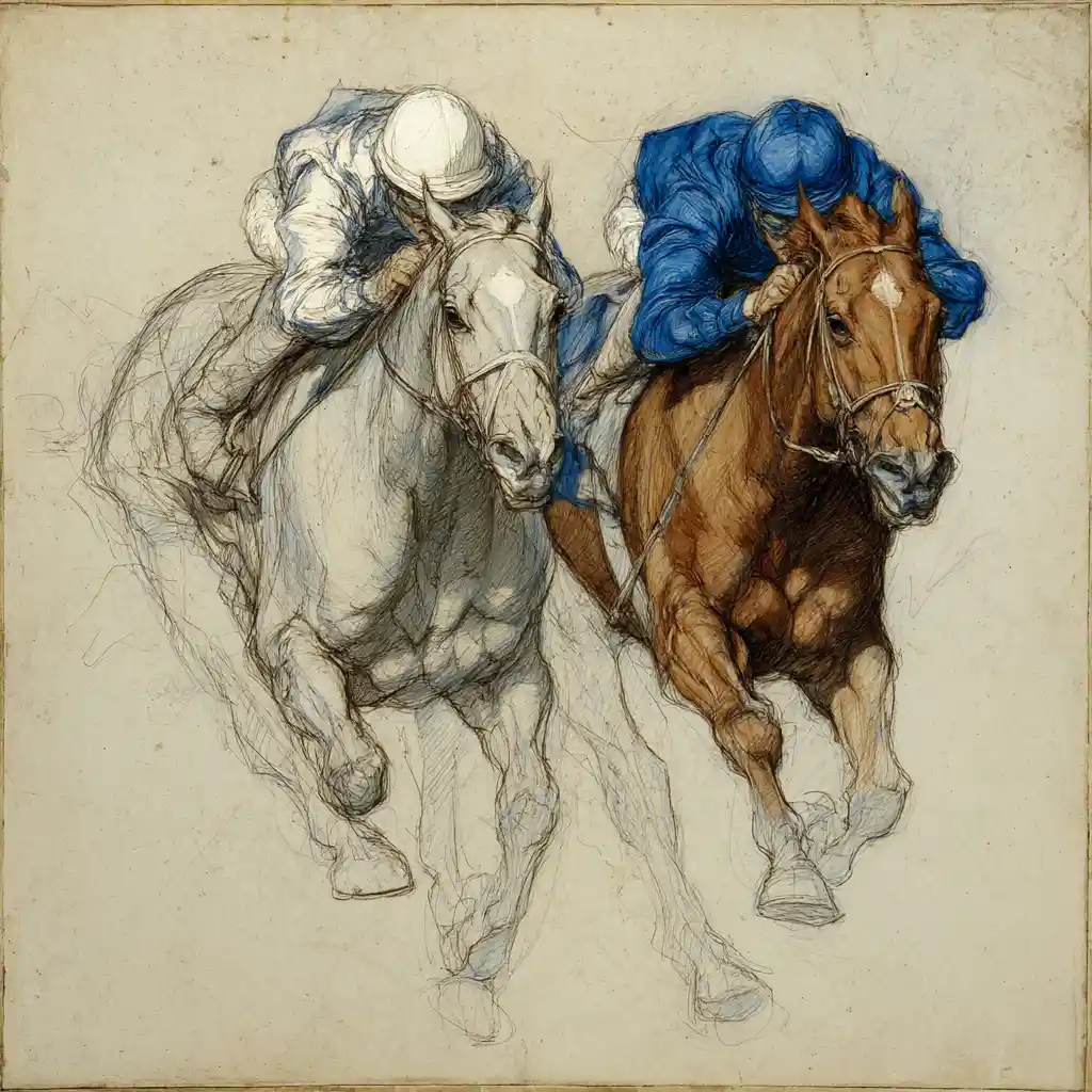 Racehorses charging forward in colored pencil drawing