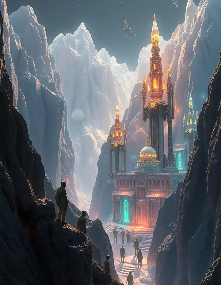 Crystal city carved into colossal alien mountain peaks