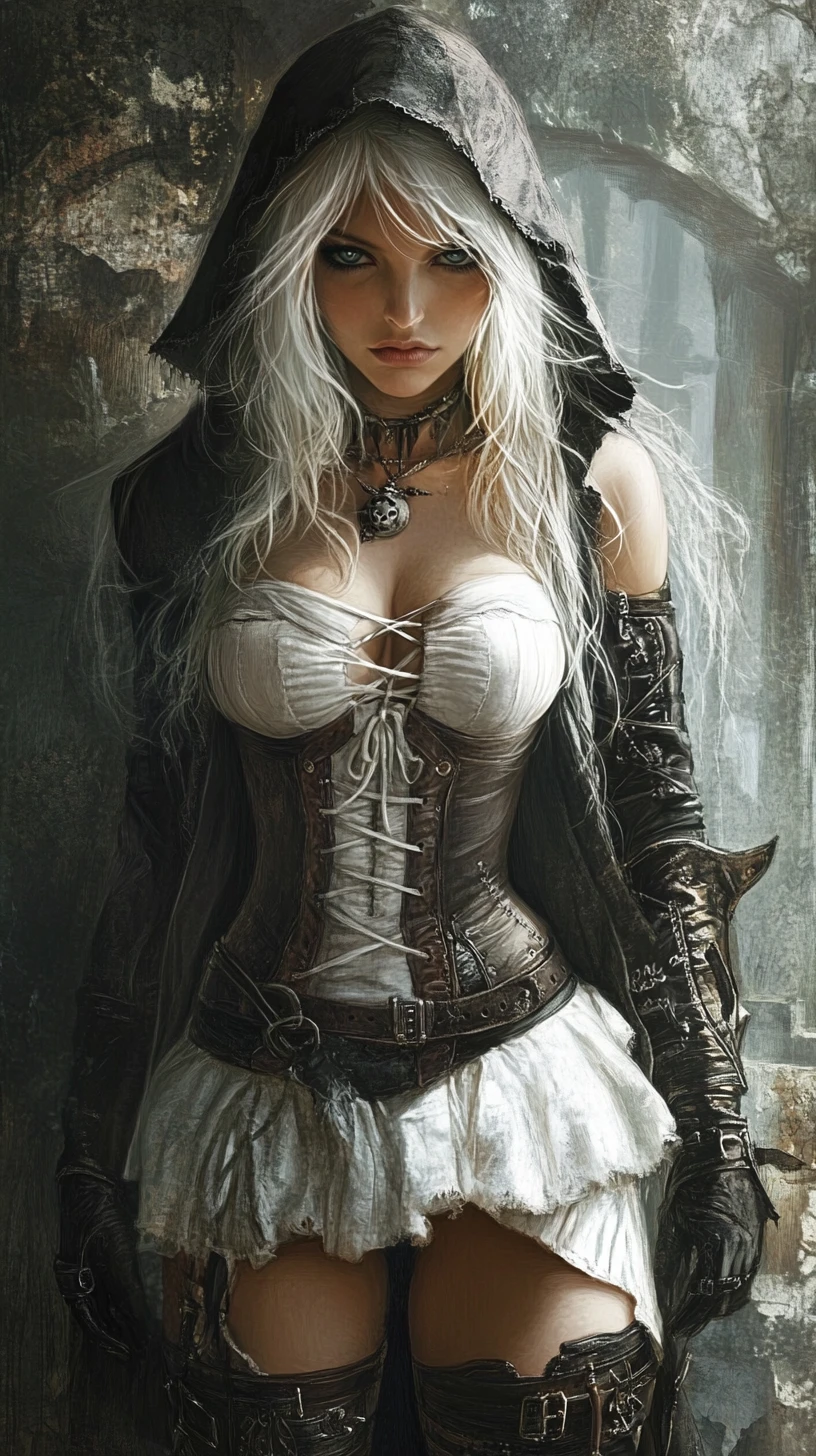 White haired gothic fantasy woman in steampunk city