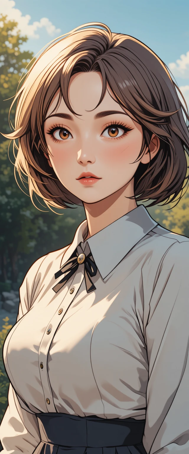 Ragazza anime in outfit preppy sotto un cielo limpido del mattino