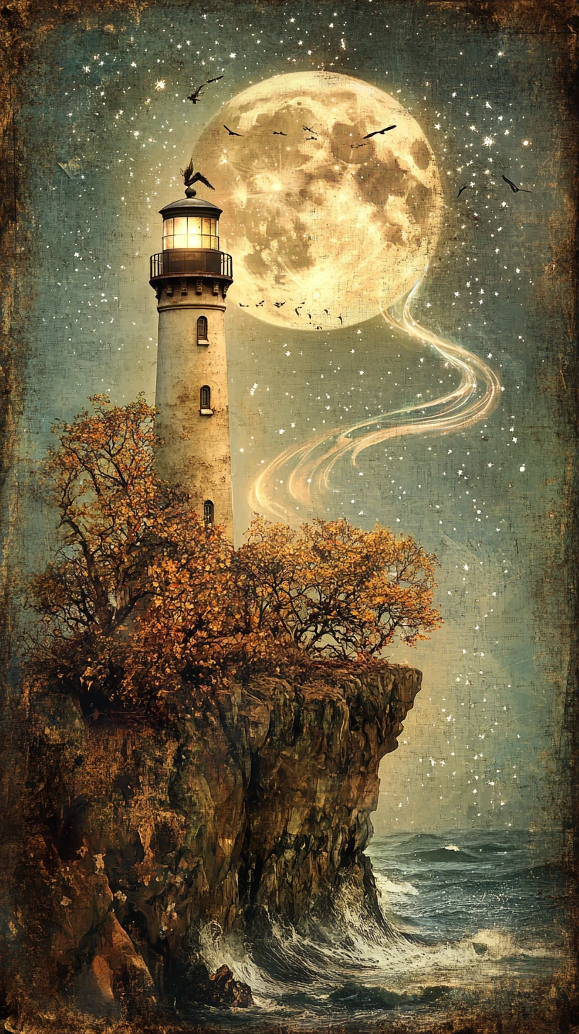 Crescent Moon Cradling A Lighthouse Above Starry Sea