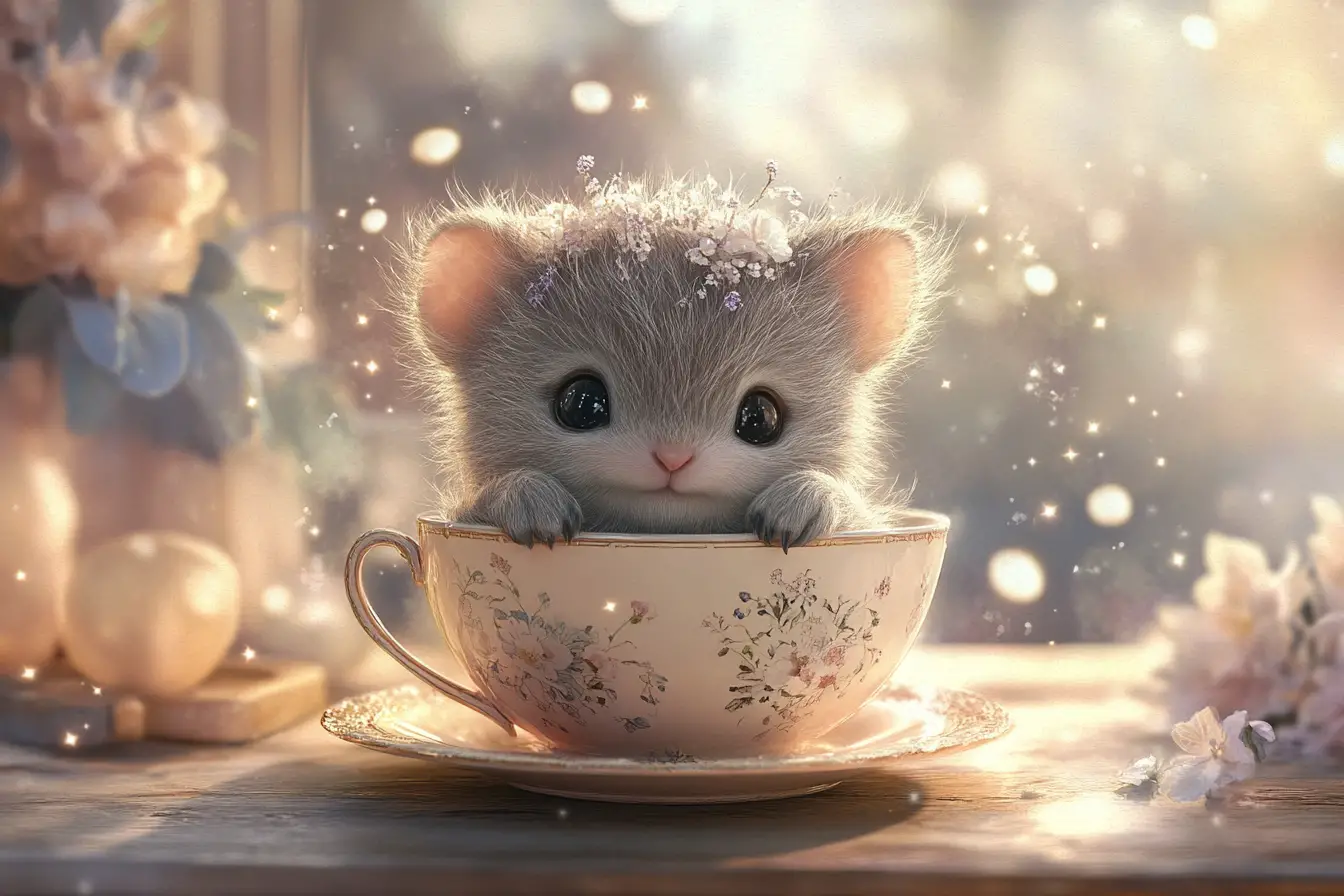 Cute baby quokka in vintage teacup in cozy kitchen