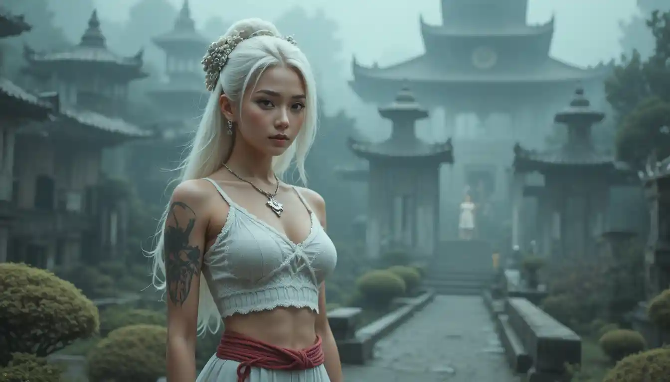 Weißhaarige asiatische Frau im zerrissenen Crop-Top am nebligen Tempel