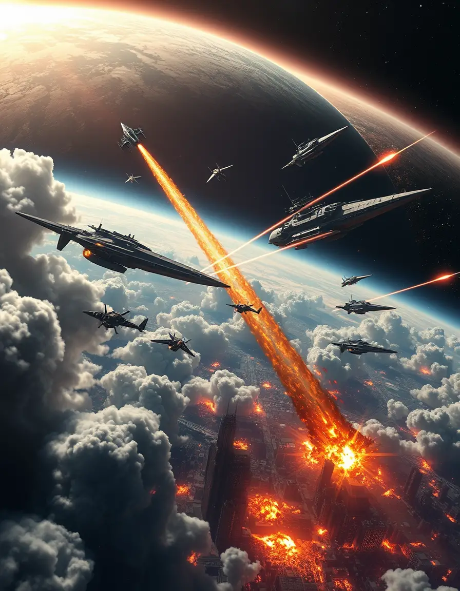 Planetary invasion with massive warships and burning cities