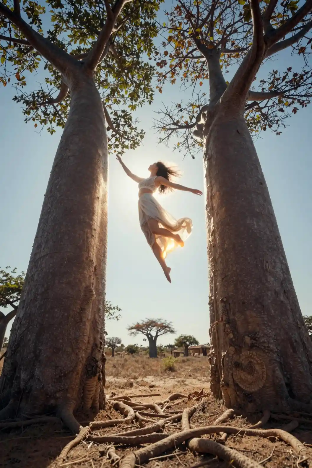 Woman Transformed Into Baobab Tree In Mystical Light