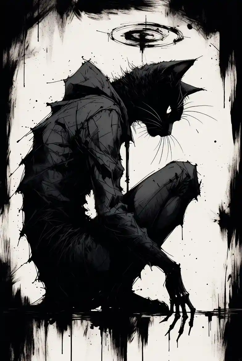 Gaunt black cat figure curled in a distorted seated pose