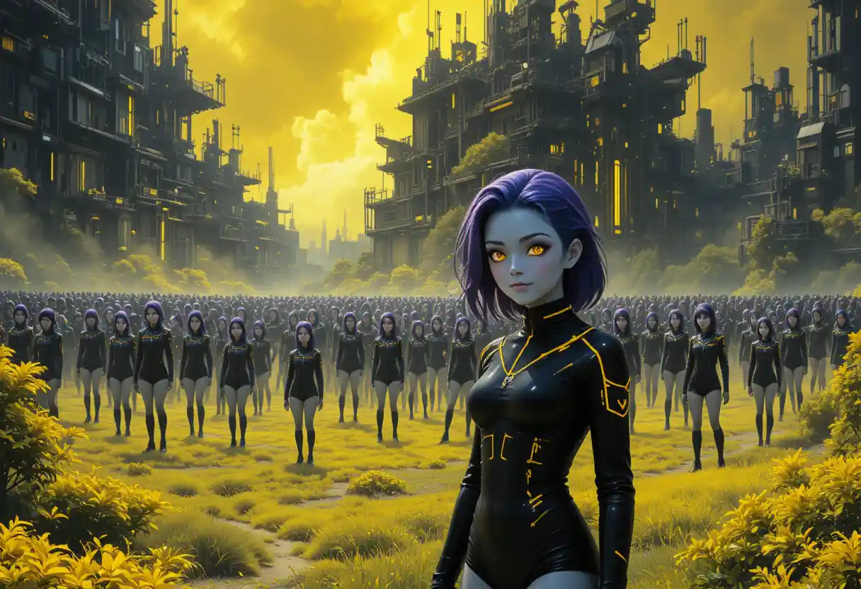 Futuristic Crowd Of Gray Skinned Teen Girls In Neon Campus