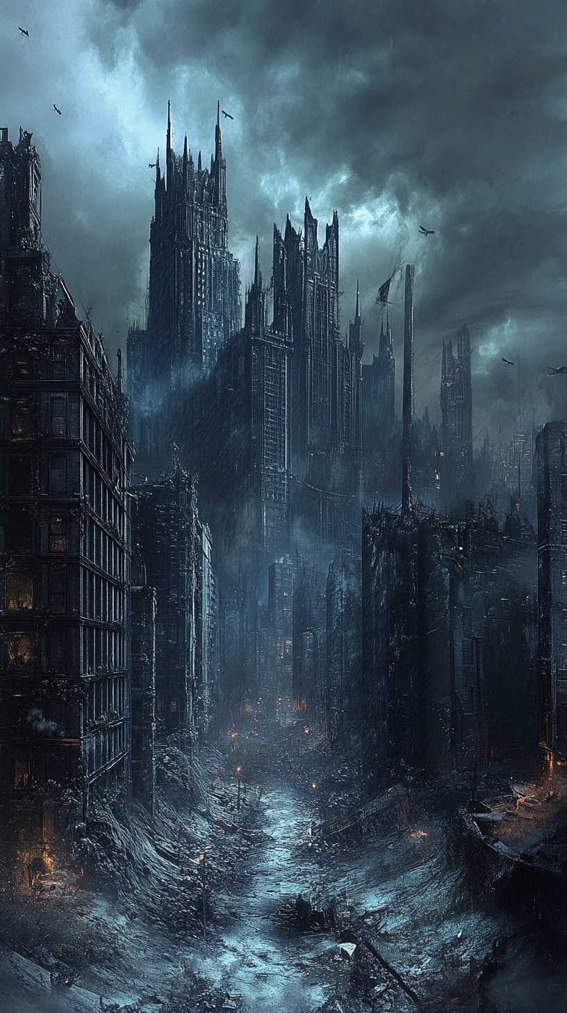 Gothic Manhattan City Skyline Before Crumbling Urban Ruins