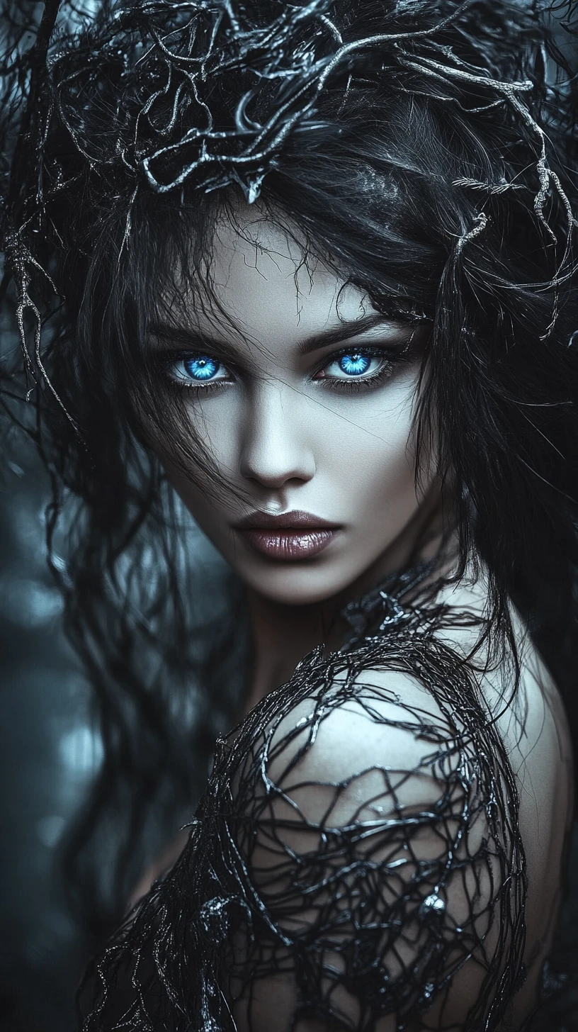 Mystical woman with luminous blue eyes and wild metallic hair