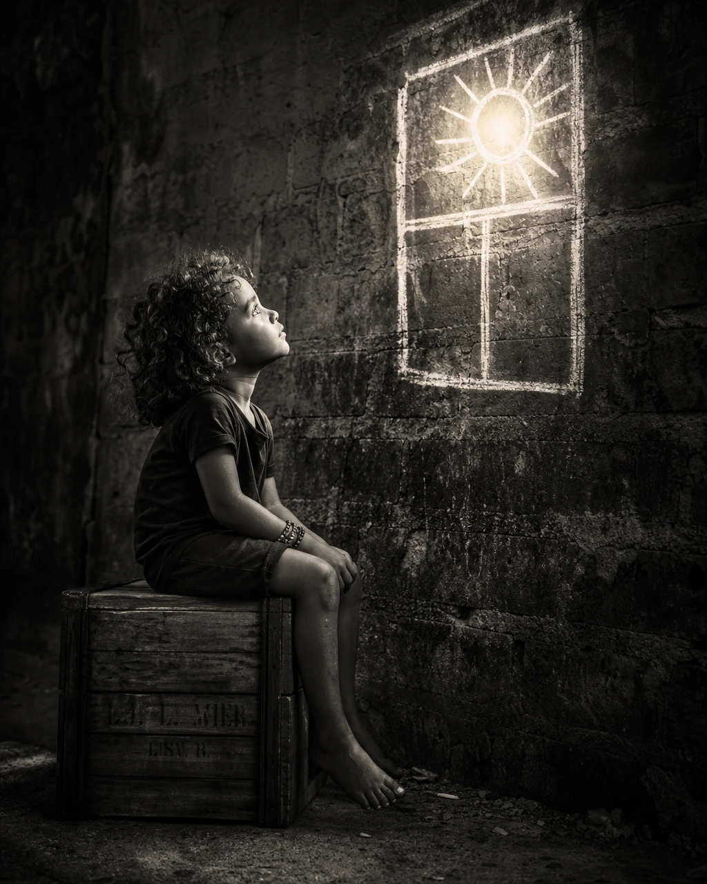 Bambino che guarda verso una finestra di gesso su un muro di mattoni