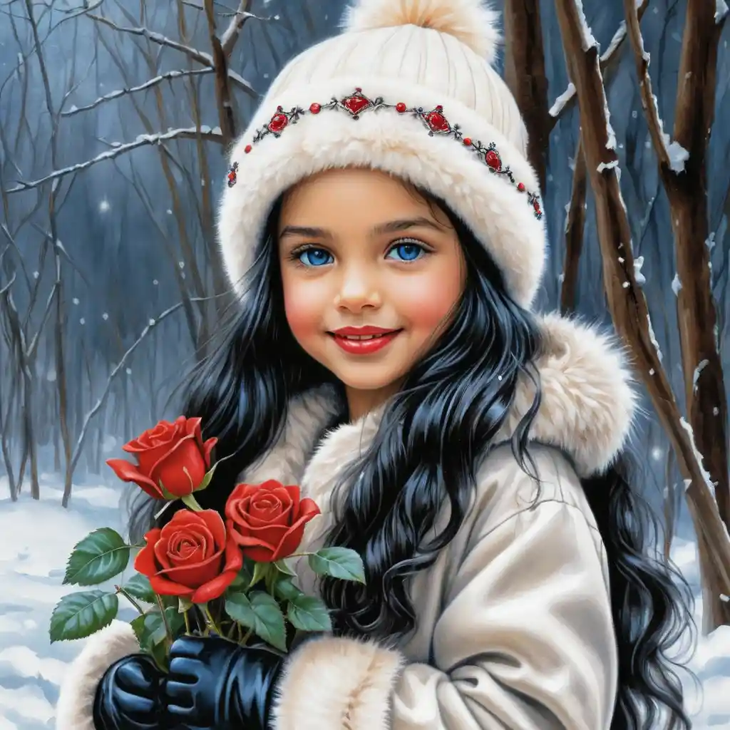 Smiling winter girl with roses and long black curly hair