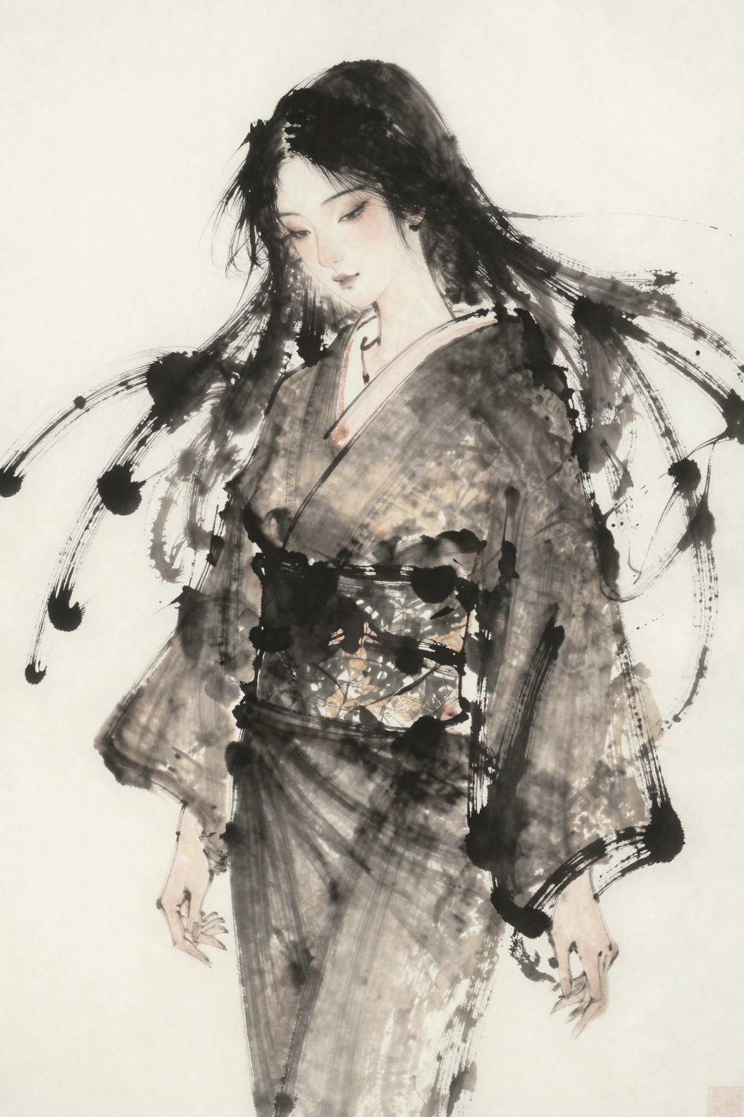 Ritratto a inchiostro sumi-e di una donna in kimono tradizionale