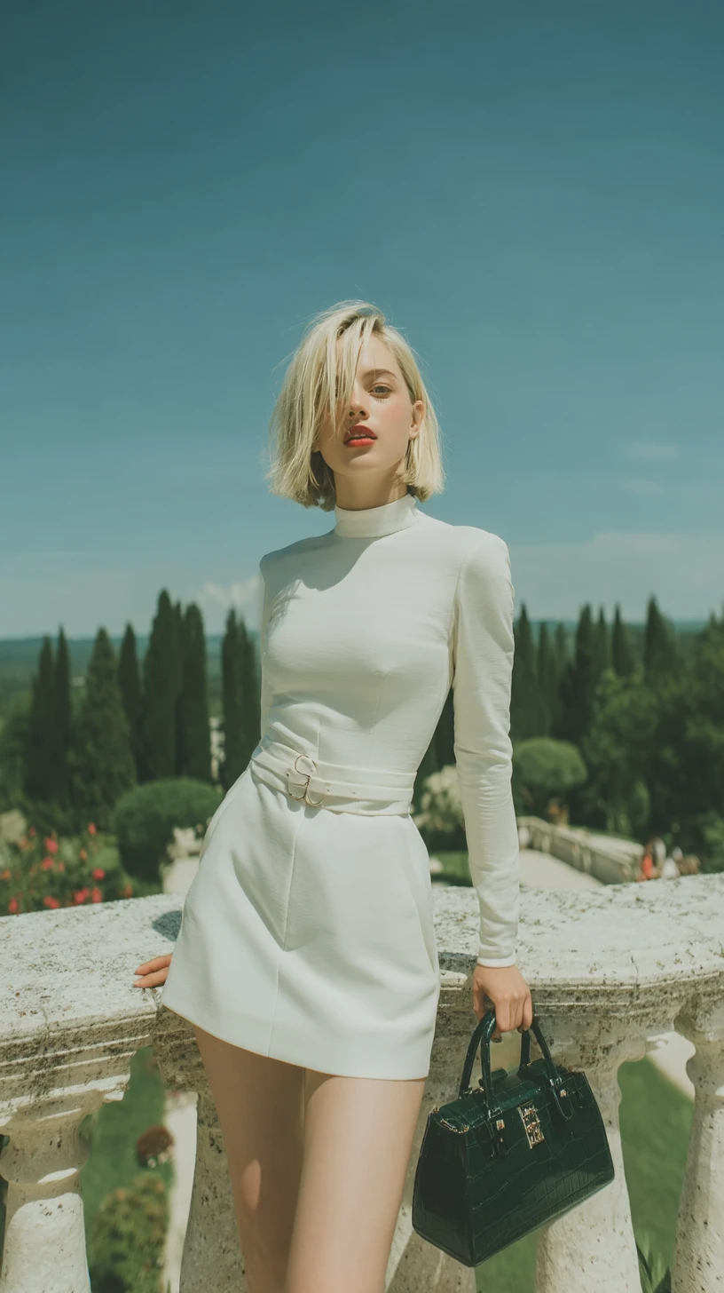 Mujer rubia elegante posando al aire libre con minivestido blanco