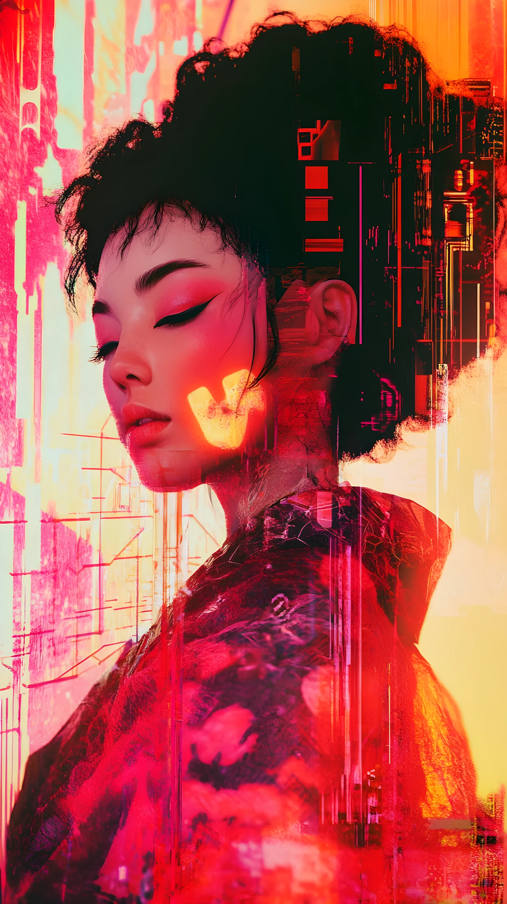 Surreal woman emerging from a dreamlike digital world